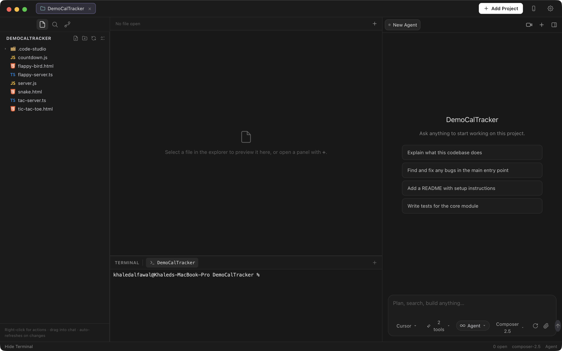 TheStudio showing a project, an agent transcript, and a terminal panel